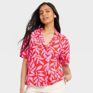 NEW A New Day Women’s Crepe Short Sleeve Button Down Bright Pink Large